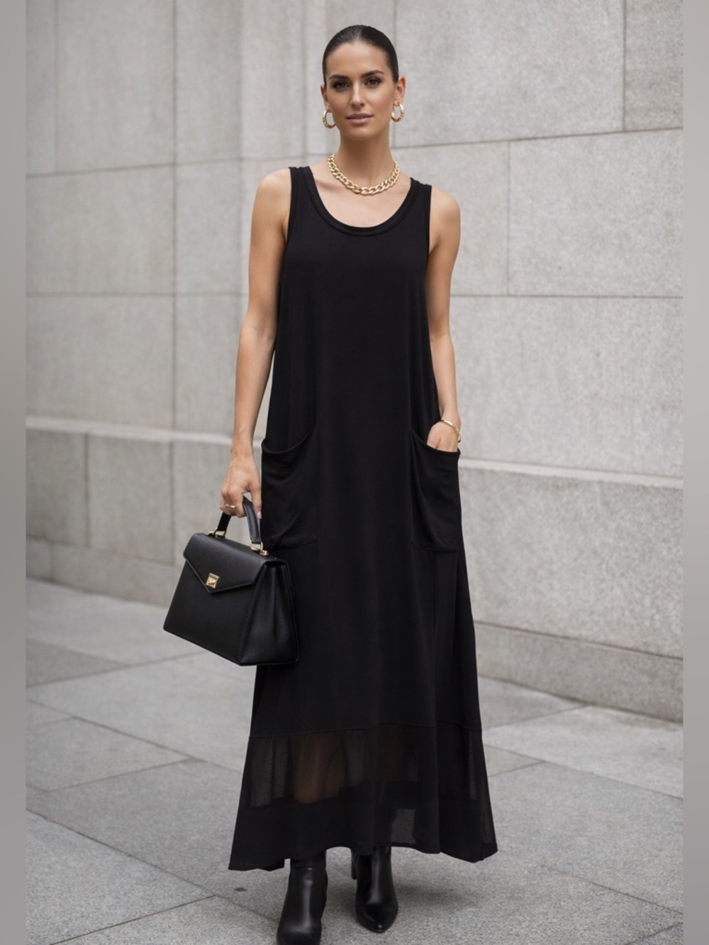 LUUKAA Black Maxi Dress Size 10 Sheer Hem Pockets Minimalist Luxe Sleeveless